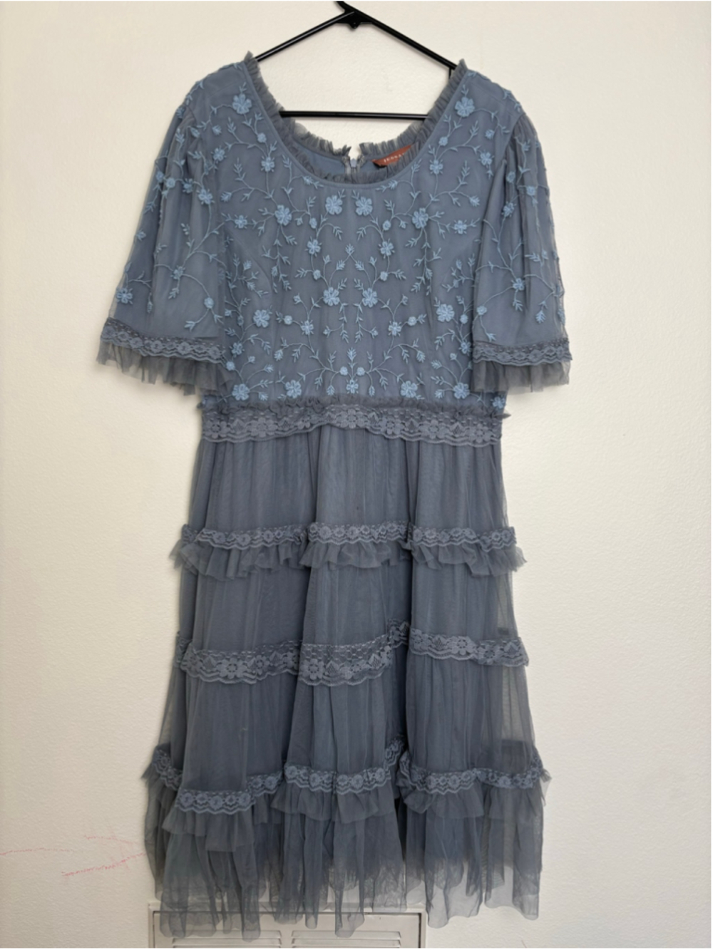 JessaKae Harper Dress in Slate Blue Embroidered Tulle Midi Dress Size 2X